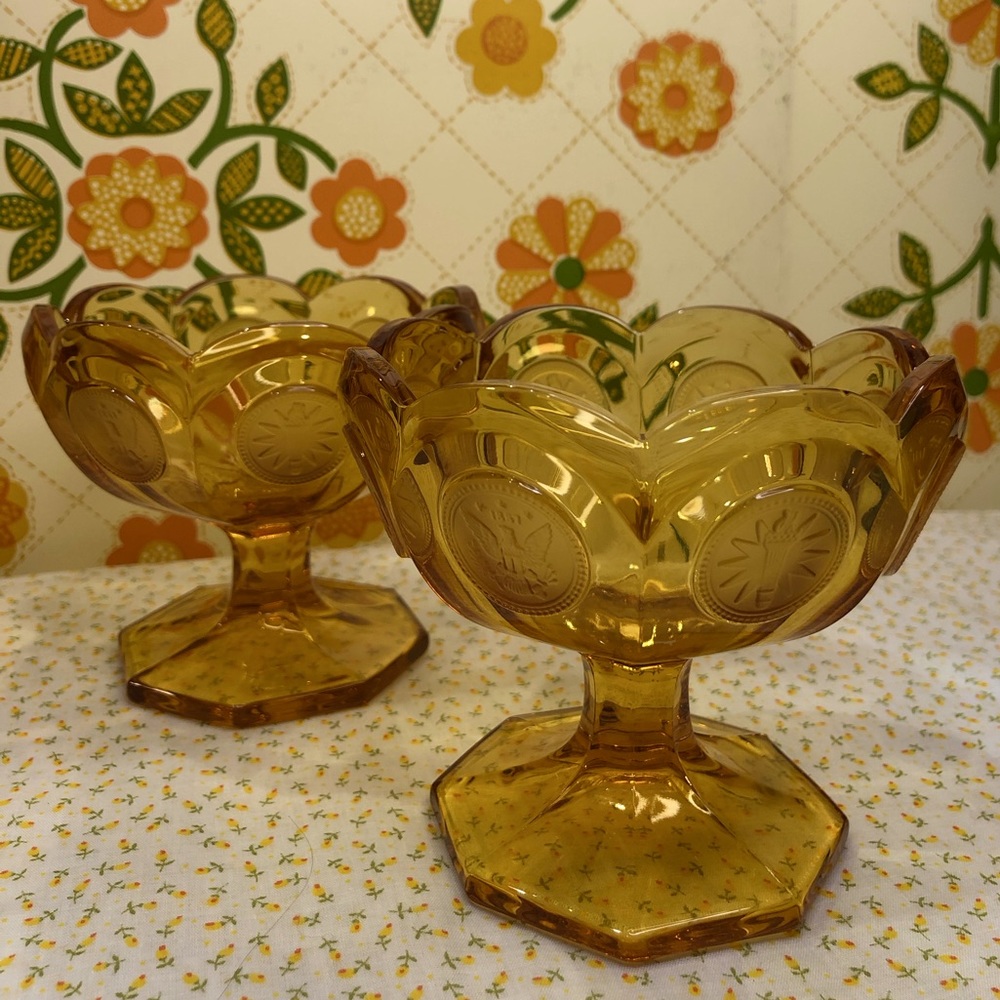 Vintage Fostoria Coin Glass - Amber Compote Dish set of 2